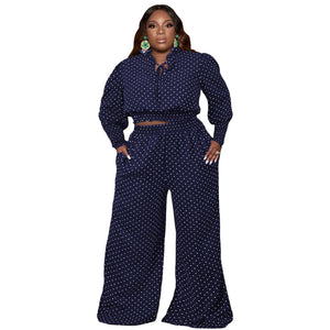 Plus Size Sexy Women Wear Polka Dot Smocking Lace-up Wide-Leg Pants Two-Piece Set