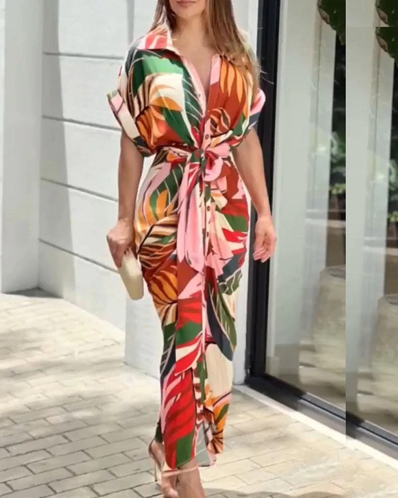 Products Women Printed Short Sleeve High Waist Cardigan Irregular Asymmetric Dress Long Dress