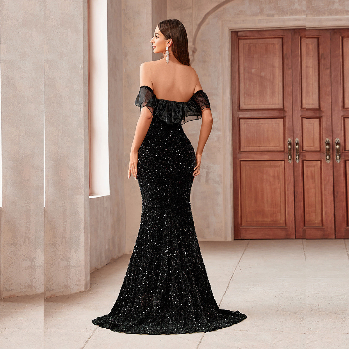 Solid Color off Shoulder Sheath Split Small Trailing Backless Sequined Cocktail Evening Dress