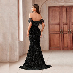 Solid Color off Shoulder Sheath Split Small Trailing Backless Sequined Cocktail Evening Dress