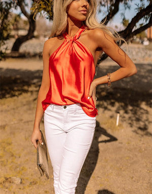 Women Clothing T-shirt New Slim Summer V-neck Sleeveless Satin T-shirt Women Top