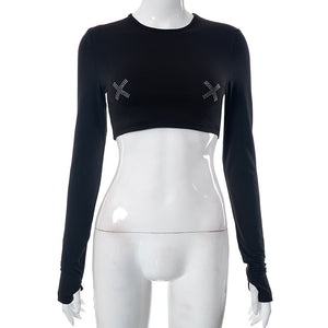 Women Clothing Summer Rhinestone Long Sleeve Short Sexy All Match Top