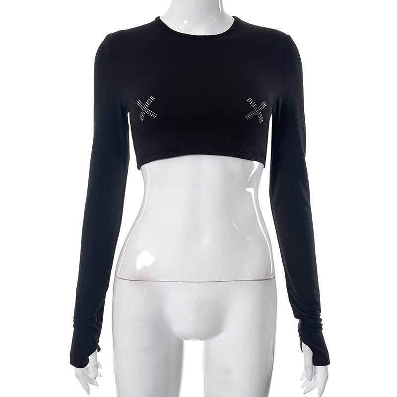 Women Clothing Summer Rhinestone Long Sleeve Short Sexy All Match Top