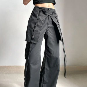 Women Spring Clothing High Waist Cross Ribbon Street Casual Woven Trouser