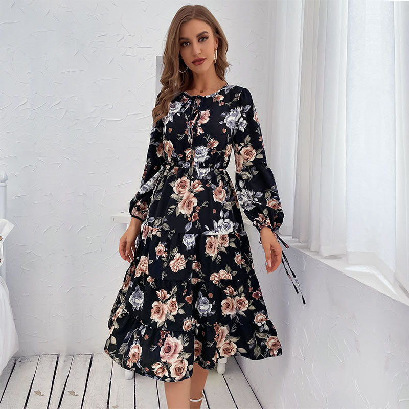 Women Wear Long Sleeve Vintage Floral Dress Autumn