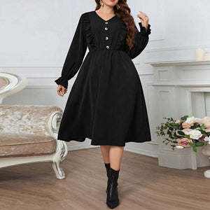 plus Size Women Clothes Tight Waist Large V neck Puff Sleeve Office Dress