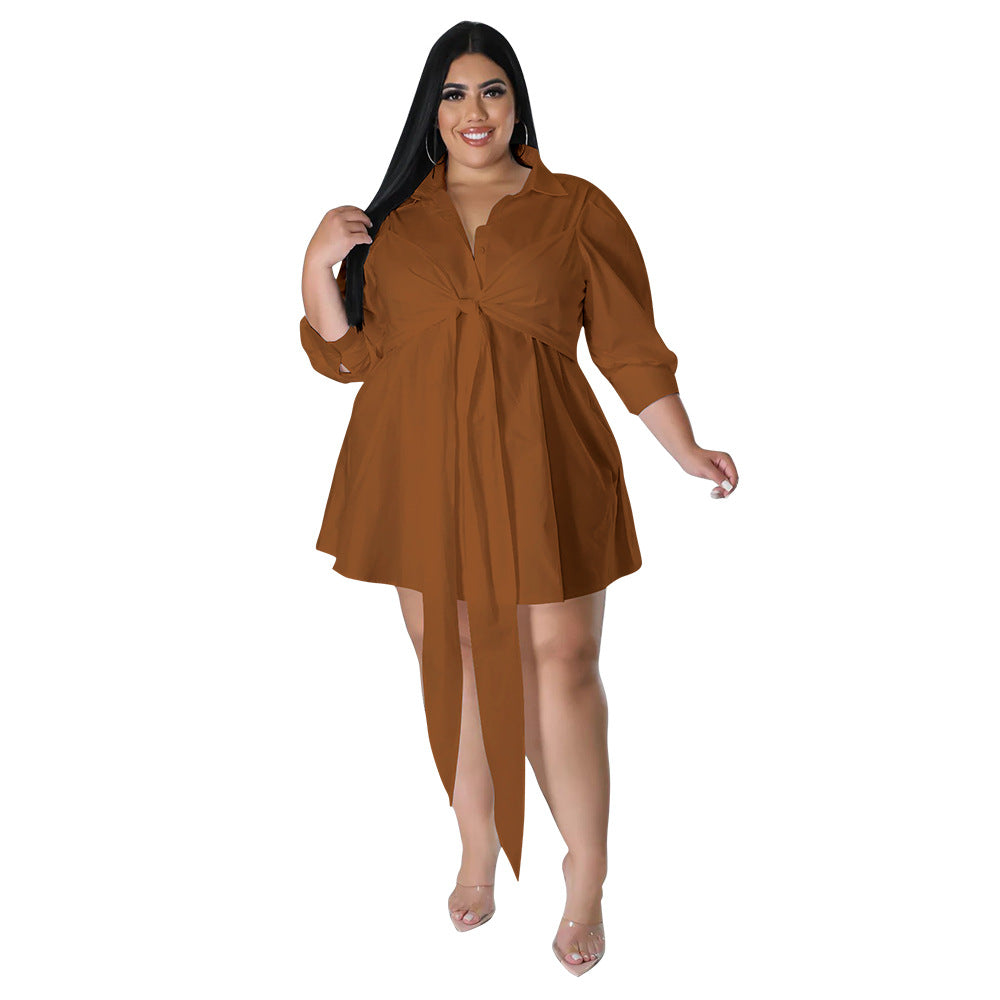 Plus Size Women Sexy Solid Color Tied Shirt Mini Dress