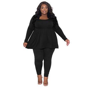 Plus Size Women Clothing Women Suit Solid Color Long Sleeved T Shirt Two Piece Set Women