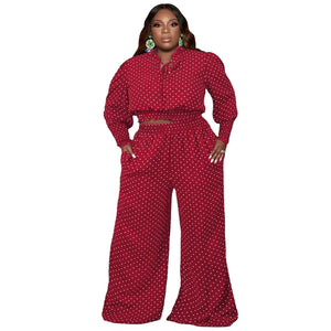 Plus Size Sexy Women Wear Polka Dot Smocking Lace-up Wide-Leg Pants Two-Piece Set