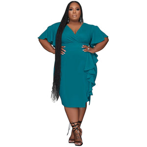 Plus Size Elegant Women Clothing Solid Color V neck Ruffled Slim Fit Sexy Dress