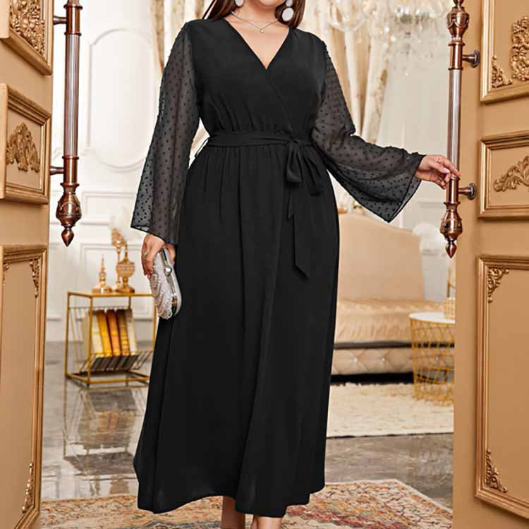 Plus Size High Waist Color Stitching Polka Dot Elastic Waist Printed Dress Women