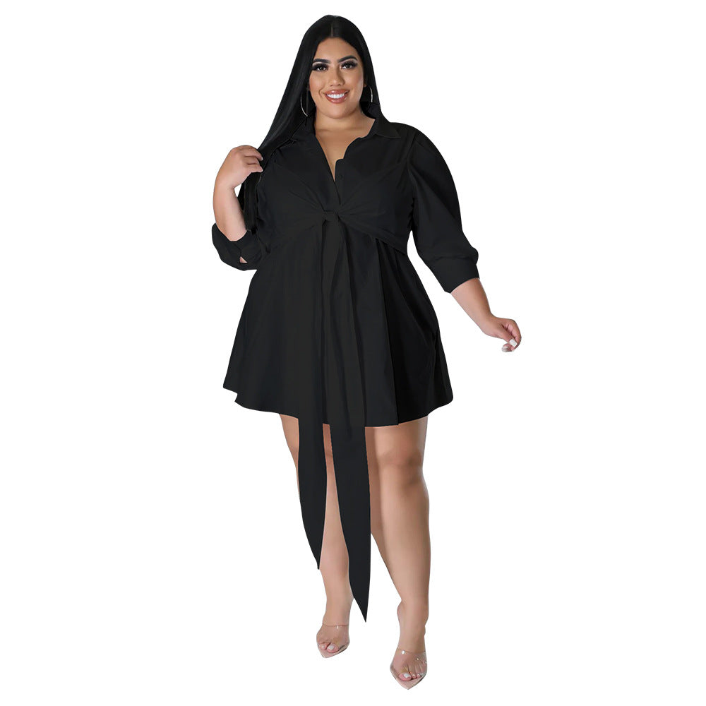 Plus Size Women Sexy Solid Color Tied Shirt Mini Dress