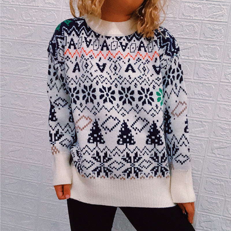 Autumn Winter Women Clothing Retro Snowflake Christmas Theme Sweater round Neck Pullover