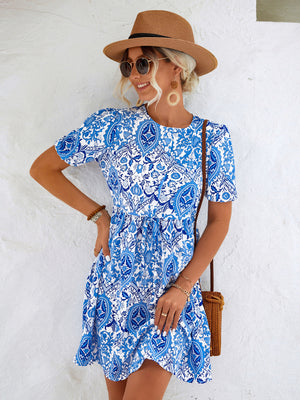 Spring Summer Printed Lantern Sleeve Shirt Dress