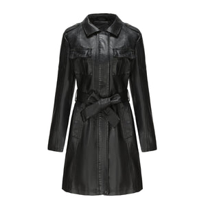 Mid Length Leather Coat With Belt Spring Autumn Long Sleeve Leather Wind Coat British Coat Women