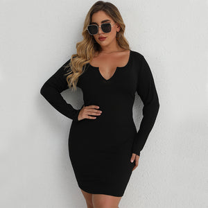 Plus Size Sexy Threaded Long Sleeve Dress Women's Autumn Pure Sexy Knitted Dress Slim Waist Hip Dress