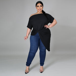 Plus Size Summer Solid Color Irregular Asymmetric Top Women Short Sleeve Top