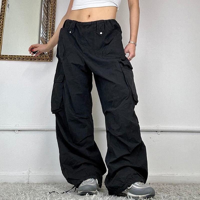 Street Low Waist Loose Cargo Casual Pants Women Black Large Pocket Design Woven Simple Straight Leg Pants