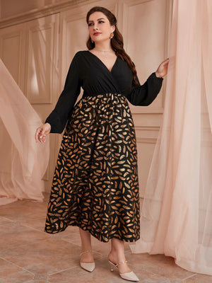 Plus Size High Waist Office Maxi Dress Pullover Bronzing Printed Sexy V Neck Dress Women