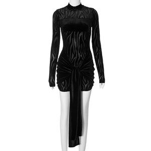 Women Clothing Zebra Stripes Mesh Stitching Long Sleeves Dress Sexy Sheath