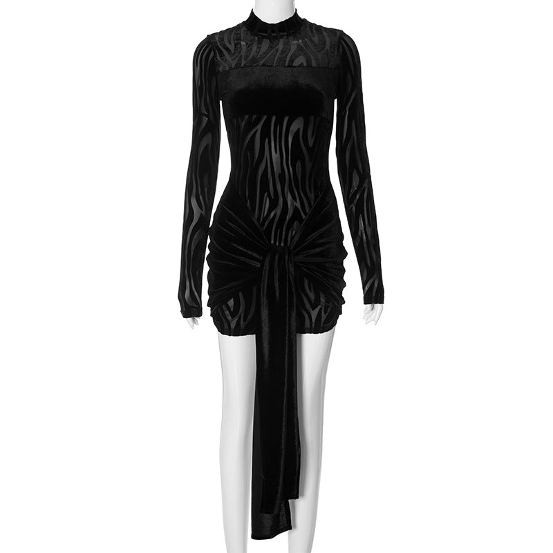 Women Clothing Zebra Stripes Mesh Stitching Long Sleeves Dress Sexy Sheath