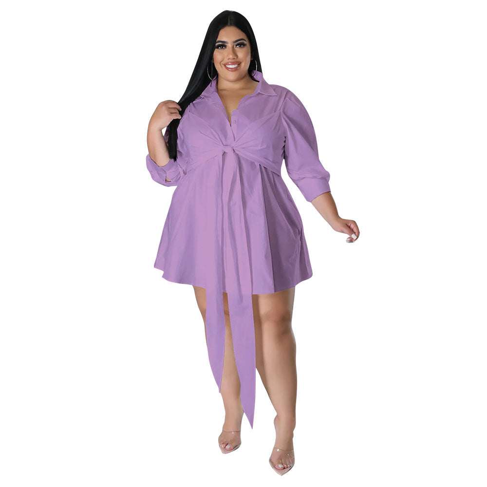 Plus Size Women Sexy Solid Color Tied Shirt Mini Dress