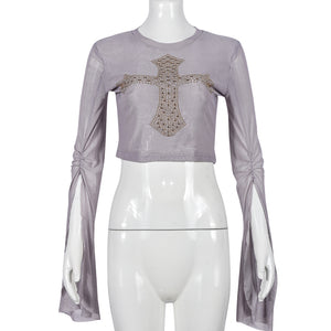 Popular Mesh Drilling Cross Cool Sexy Cropped Long Sleeve Top
