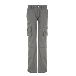 Autumn Winter Fashionable Street Low Waist Bootcut Trousers Lines Split Pocket Patchwork Cargo Pants Trousers