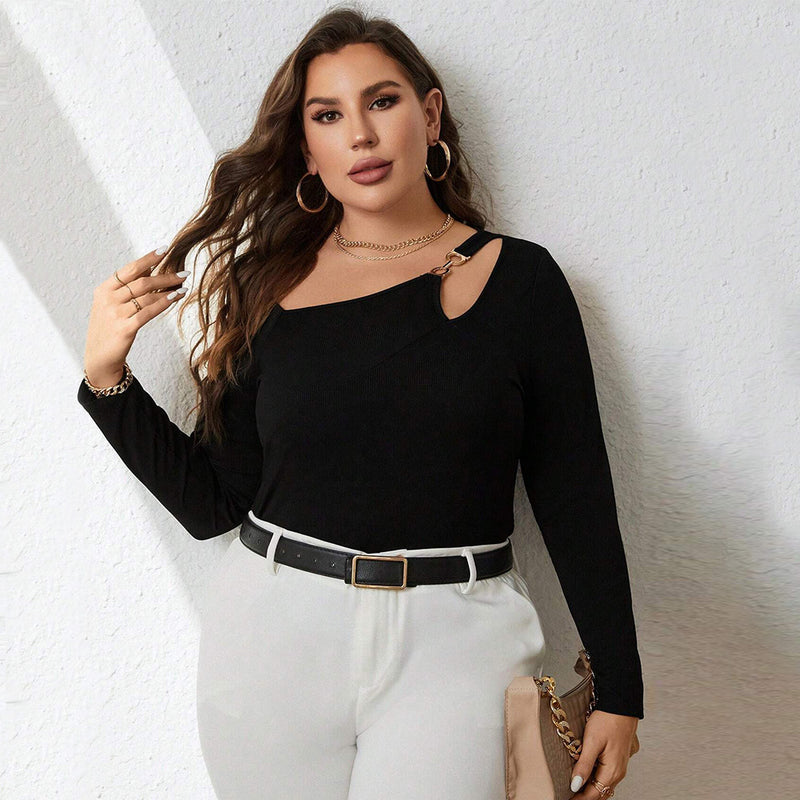 plus Size Women Clothes Autumn Winter Slim Sexy Hollow Out Cutout Long Sleeved T shirt Simple Top