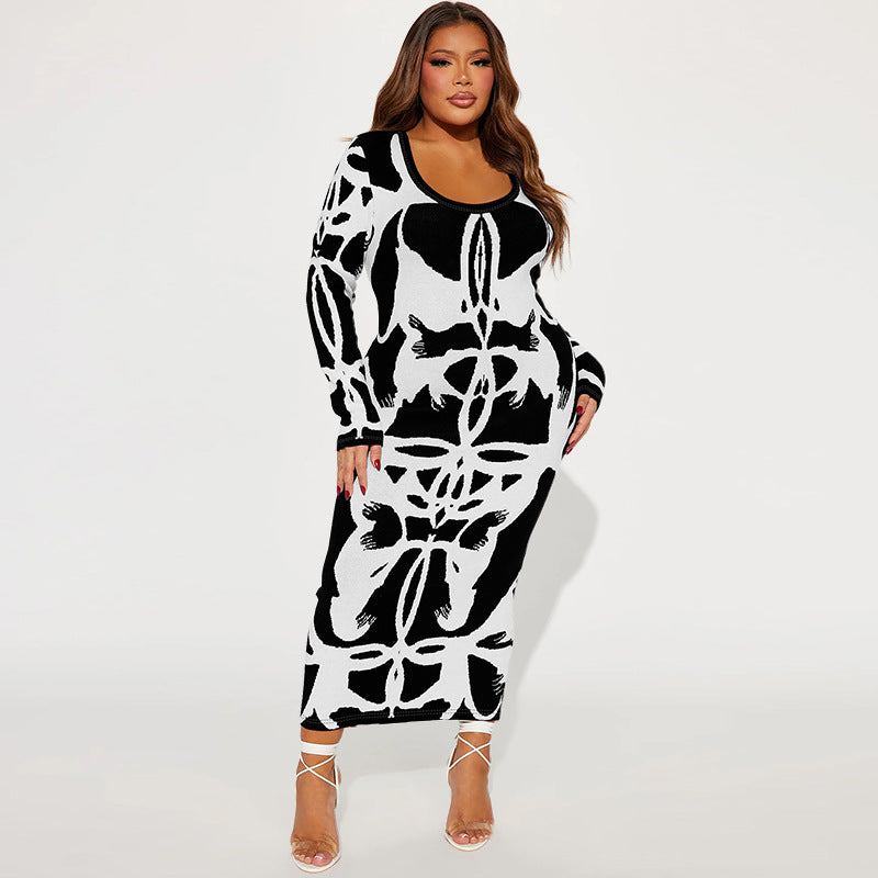 Plus Size Women Clothing Sexy U Collar Long Sleeve Dress