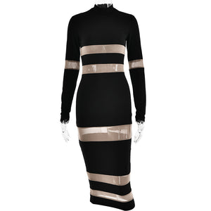 Round Neck Long Sleeved Dress Women Design Stitching See through Sexy Maxi Dress Autumn