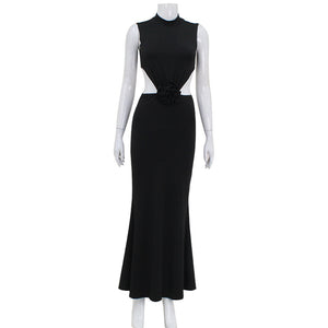 Spring Women Clothes Solid Color Half Collar Sleeveless Elegant Hollow Out Cutout Backless Sexy Red Carpet Dress Women