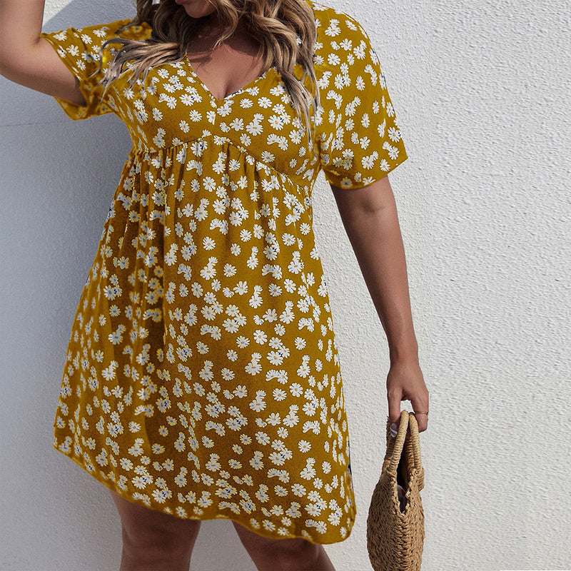 Plus Size Summer Women Clothing Waist Controlled Large Hem A line Dress Vacation Printed Dress