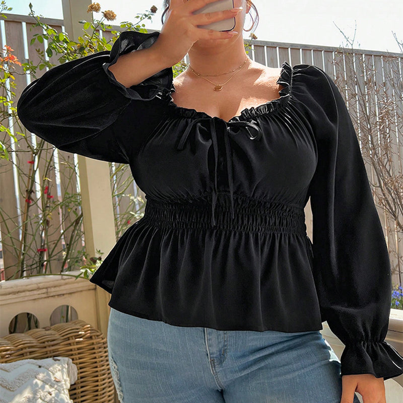 Plus Size French Retro Square Collar Puff Sleeve Top Women Waist Slimming Elegant Collarbone High Waist Gentle Shirt Autumn Clothing Season