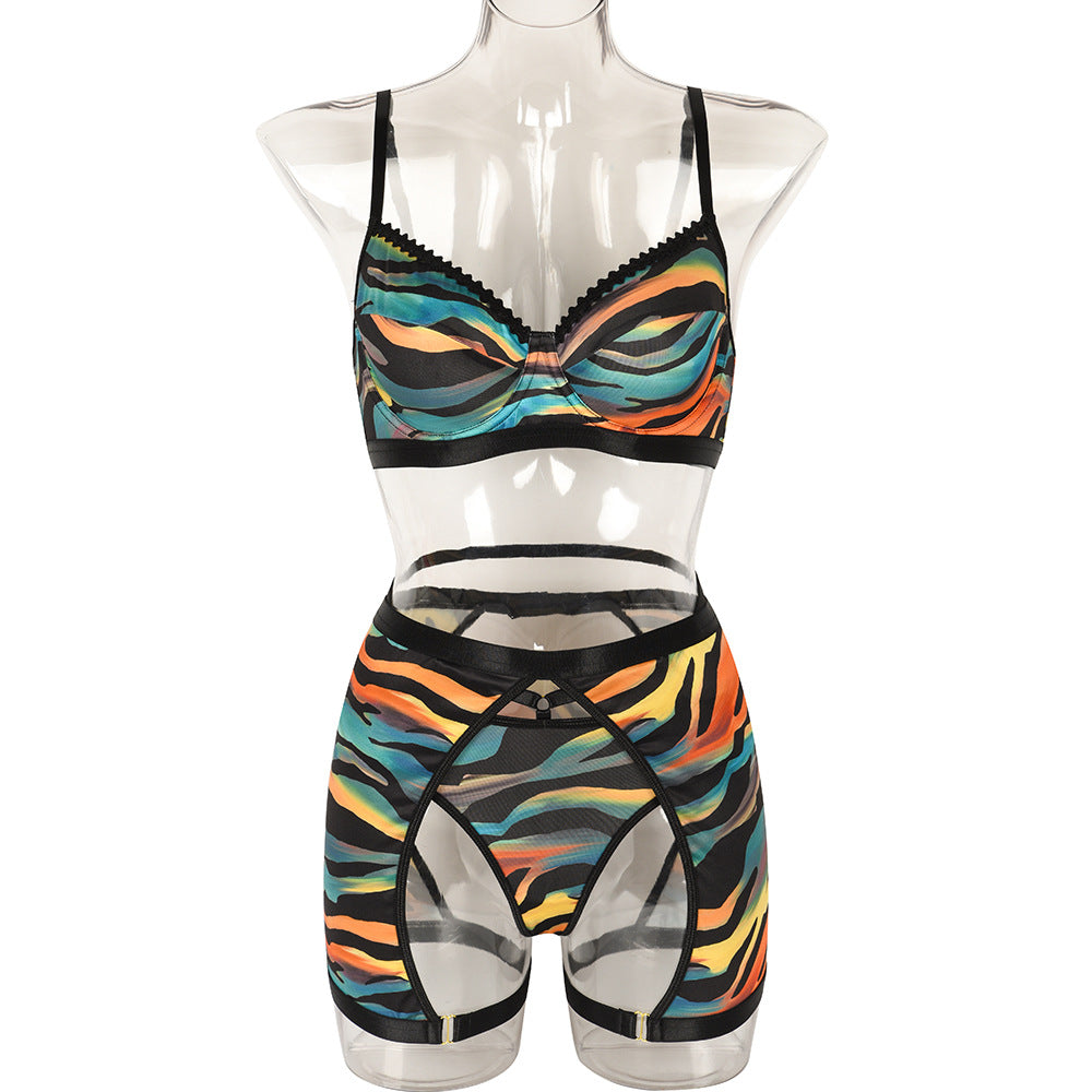 Sexy Three-Piece Set Striped Multi-Color Mosaic Casual with Steel Ring