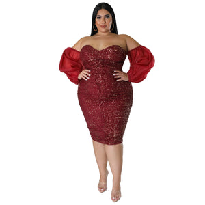 Plus Size Sexy Sequ Dress Tube Top Mesh Solid Color Evening Dress Tight Sexy Hip