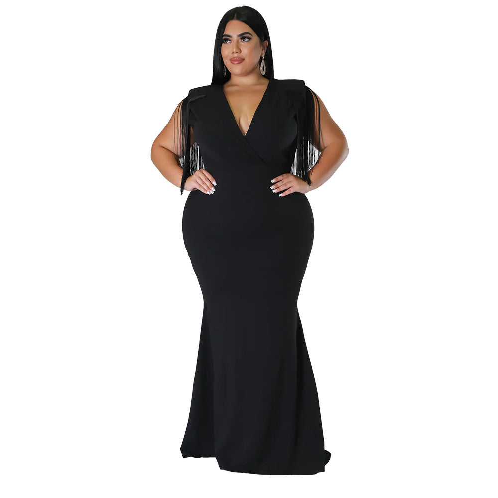 Plus Size Women Dress Sexy Tassel V neck Long Sleeve Slim Fit Maxi Dress