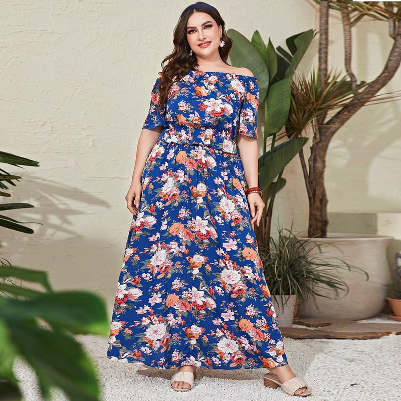 Plus Size Bohemian Elastic Waist Printing Suit Dress Women