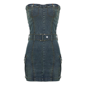 Women Clothing off Neck Backless Cargo Pocket Stitching Japanese Buckle Belt Tight Zipper Denim Strapless Dress