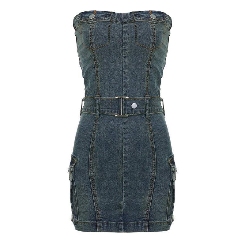 Women Clothing off Neck Backless Cargo Pocket Stitching Japanese Buckle Belt Tight Zipper Denim Strapless Dress