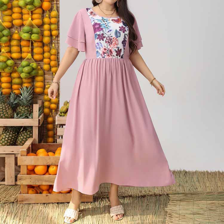 Plus Size round Neck Mid Waist Color Matching Women Dress Color Matching Women