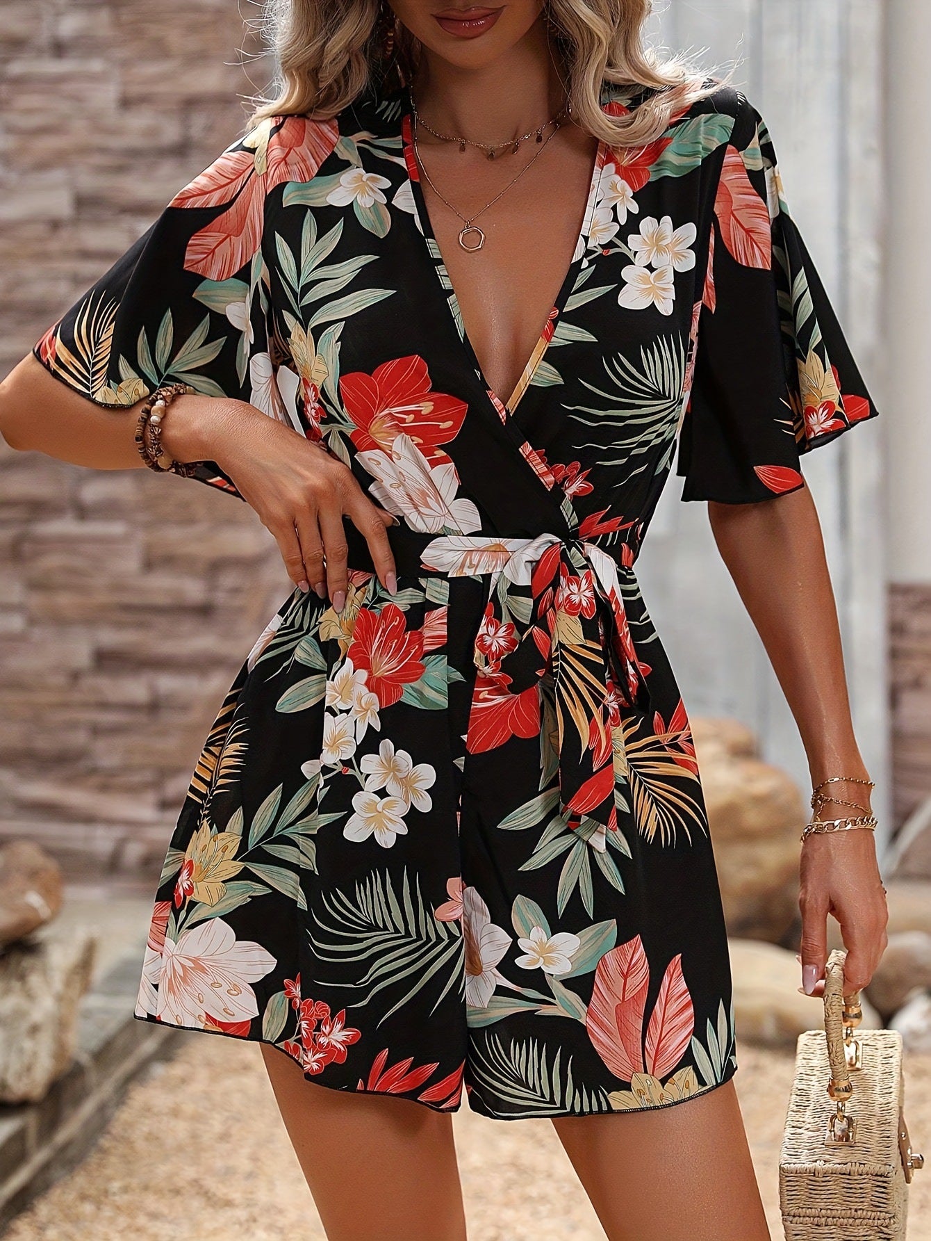 Beach Vacation Ruffle Sleeve Cross Collar Belt Short Culottes Women Loose Printed Jumpsuit Women