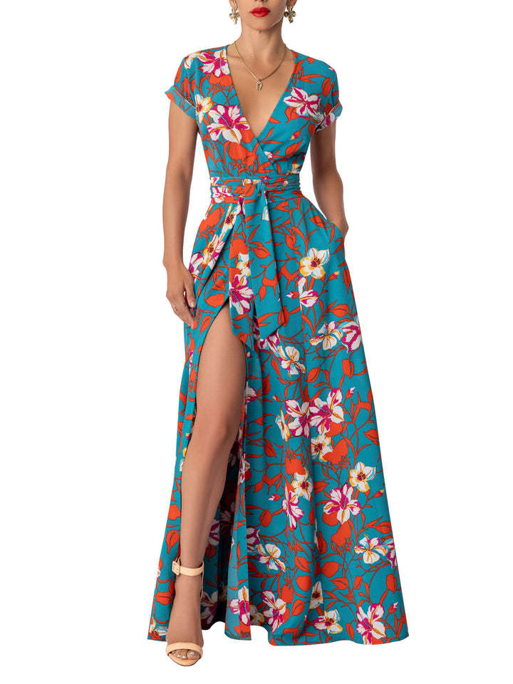 Printed Waist-controlled Long Split Dress