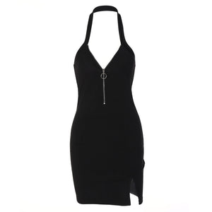 V-neck Zipper Halter Backless Split Dress