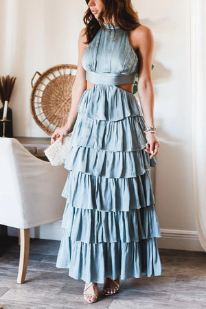 Solid Color Patchwork Long Cake High Waist Dress