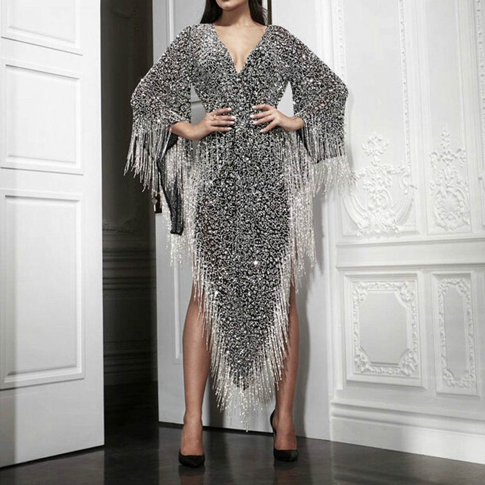 Shiny Long-sleeved Fringed Dress