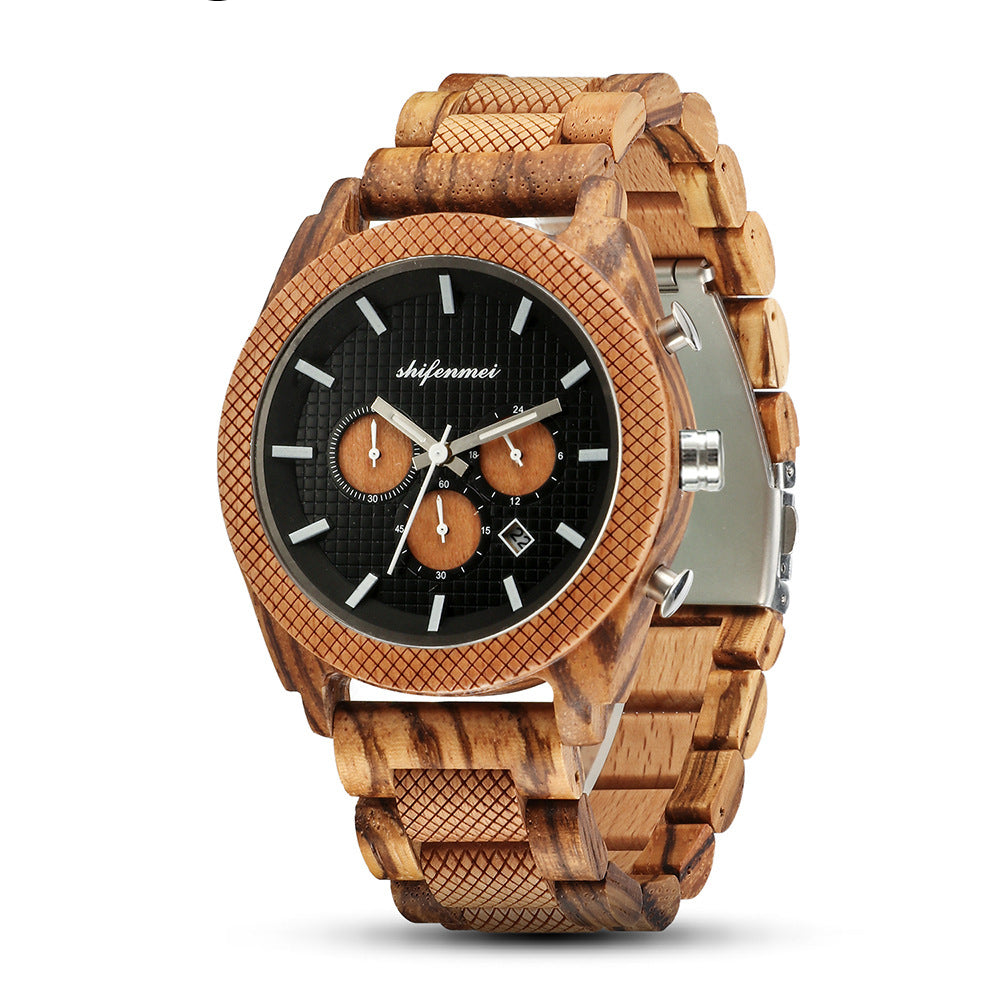 Men's Chronograph Calendar Sports Wood Casual Wristwatch