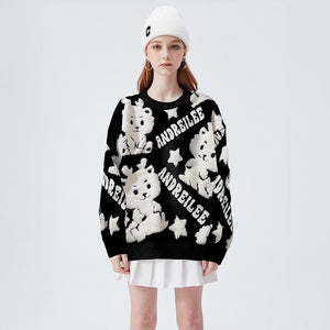 Cartoon Dragon O Neck Sweater Tops Autumn Loose Pullover Winter Drop Shoulder Casual Fashion Knitwears