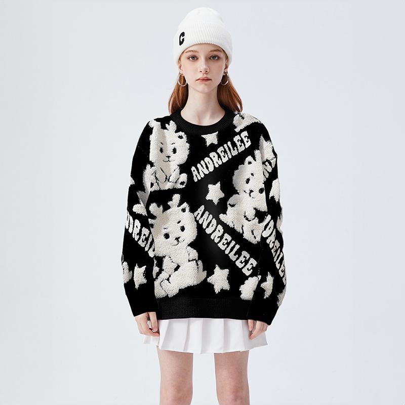 Cartoon Dragon O Neck Sweater Tops Autumn Loose Pullover Winter Drop Shoulder Casual Fashion Knitwears