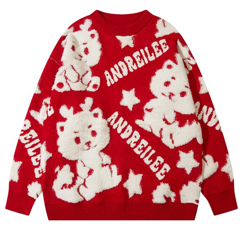 Cartoon Dragon O Neck Sweater Tops Autumn Loose Pullover Winter Drop Shoulder Casual Fashion Knitwears